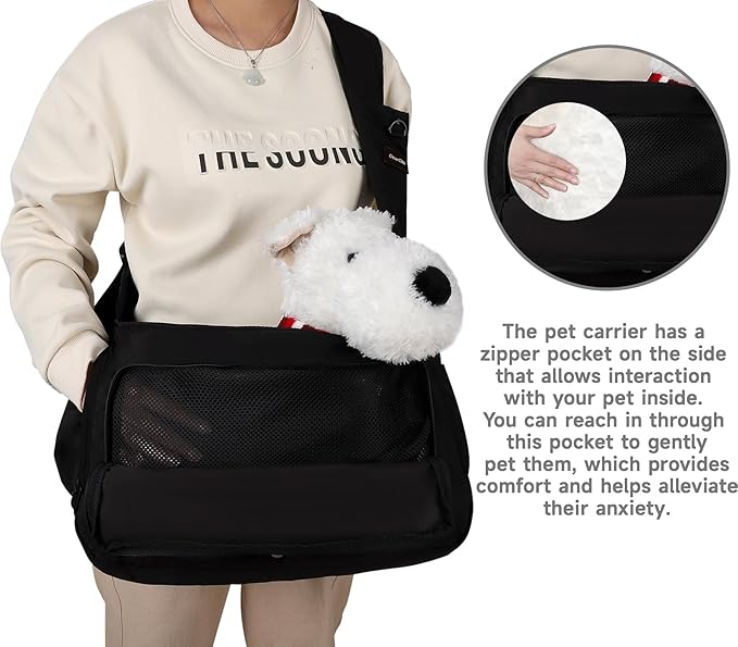 Dog Sling Carrier for Small Medium Dogs & Cats, Fits 7–18lbs, Soft Puffy Lightweight Pet Sling Carrier with Adjustable Padded Strap and Storage Pocket, Hands-Free for Travel, Hiking & Outdoor Black