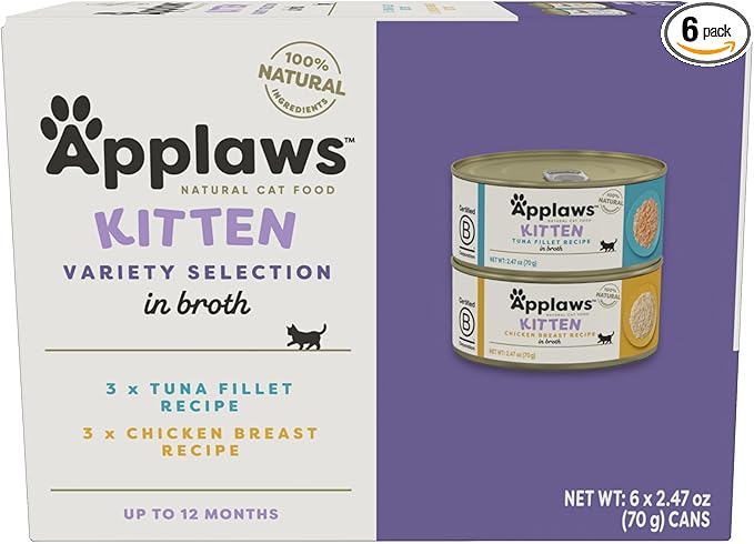 Applaws Natural Wet Kitten Food, Limited and Natural Ingredients, High Protein with No Artificial Additives, Kitten Variety Selection in Broth (6 x 2.47oz Cans)