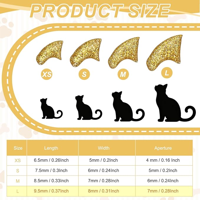 Cat Nail Caps, Cat Claw Covers with Adhesive Glue and Applicators, Kitten Claw Caps Soft Paws, (40 Pcs, L, Crystal Gold), Intended for Pet Tips/Nail Covers/Control Paws