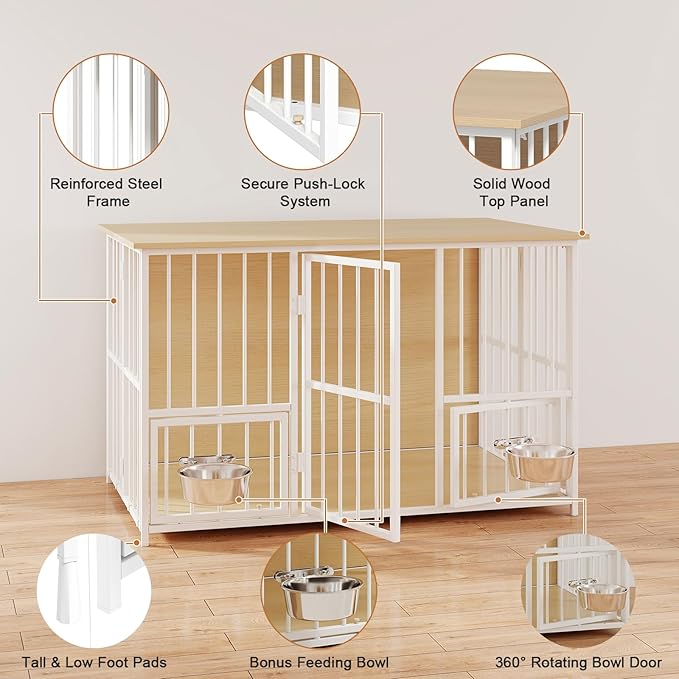 Hadulcet Foldable Dog Crate Furniture, 41'' No Assembly Indoor Dog Kennel with Storage Top, Wooden Dog Crate Table for Small to Medium Dogs, Furniture Style Dog Cage with 2 Bowls Oak