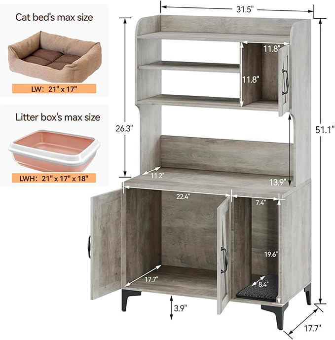 GarveeLife Cat Litter Box Enclosure with Shelves, Litter Box Cabinet, Hidden Cat Box Furniture with Scratching Mat, Wood Sturdy Cat Washroom Storage, Indoor Cat House,Grey