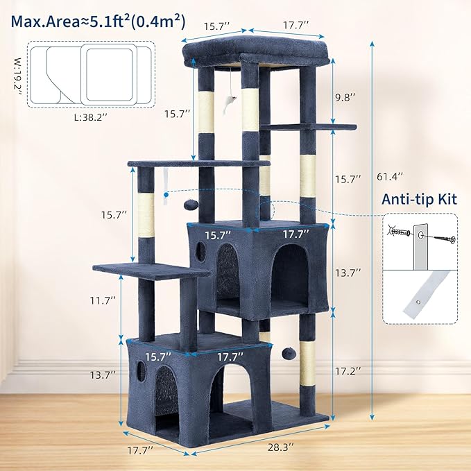61.4 Inch Cat Tree, Large Cat Tower with Sisal Scratching Posts, 2 Spacious Cat Beds, Hanging Ball & Top Perch, Ideal for Large Indoor Adult Cats, Blue