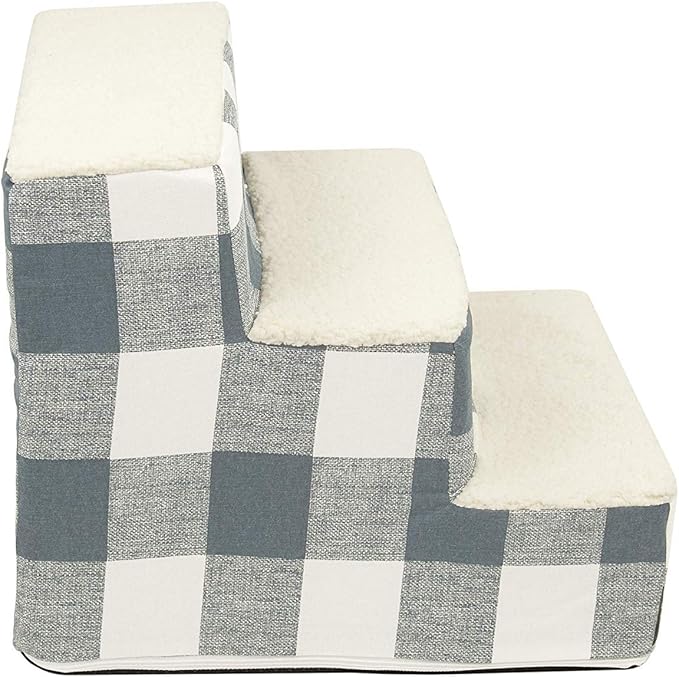 Majestic Pet 3 Step Portable Dog Stairs for Small Dogs to get on Bed Supports 250 lbs or Less – Dog Steps for High Bed with Machine Washable Cover –Pet Stairs for Cats Anderson Check Gunmetal Blue