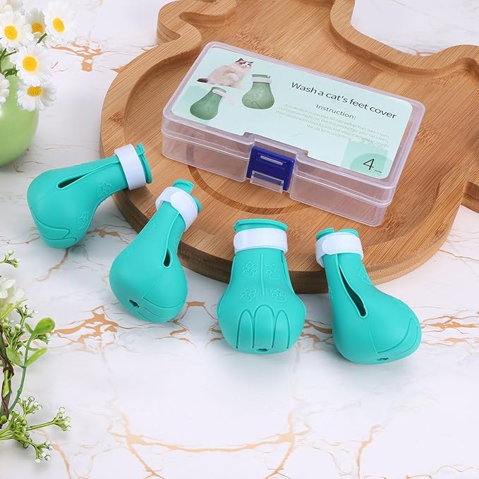 Gosknor 4pcs Cat Feet Covers, Adjustable Anti-Scratch Anti-Bite Silicone Kitten Paw Claw Caps Boots for Nail Trimming Bathing Checking Multifunctional Pet Grooming Protector Products (Blue)