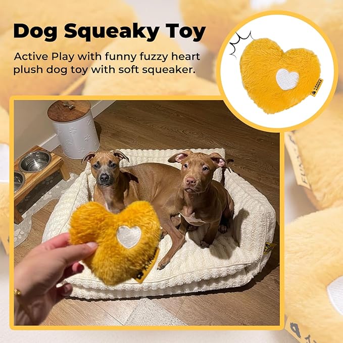 FUNNY FUZZY Dog Toy, Heart Plush Squeaky Dog Toy for Puppy Cats with Soft Squeaker, Fun for Indoor Puppies and Kitten, Pet Toy for Small Medium Large Breeds, Yellow,2 Pack