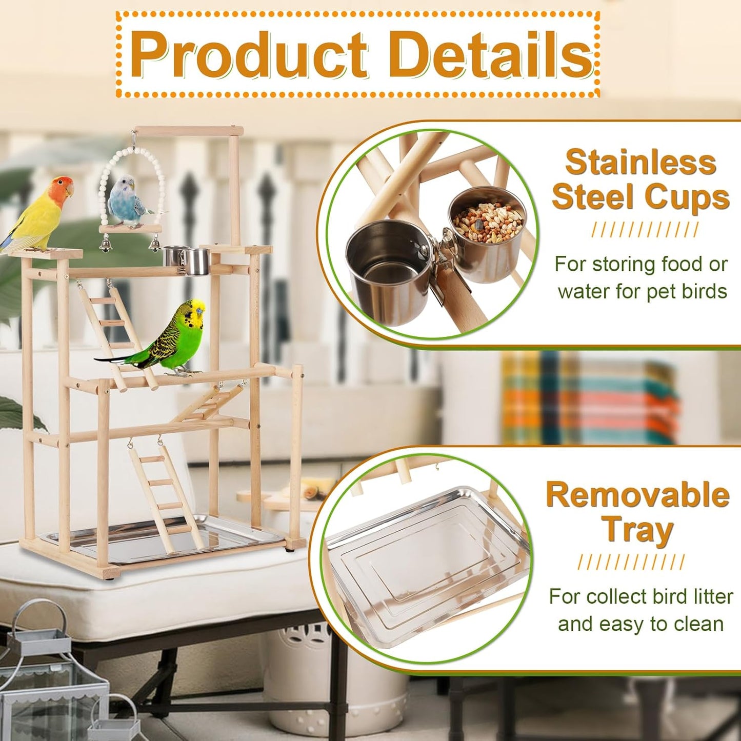 Pet Parrot Playstand Parrots Bird Playground Bird Play Stand Wood Perch Gym Playpen Ladder with Feeder Cups Bells for Cockatiel Parakeet (3 Layers)