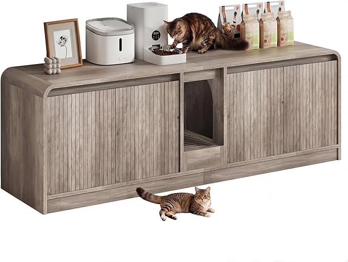 Cat Litter Box Enclosure with Litter Collector, 59'' Double Litter Box Enclosure for 2 Cats, Hidden Litter Box Furniture for Indoor Cats Large Adult, Cat House, Side Table, TV Stand, Grey