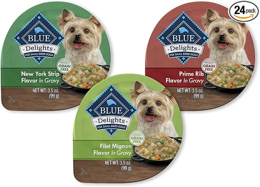 Blue Buffalo Delights Natural Adult Small Breed Wet Dog Food Cups, in Gravy, Prime Rib, NY Strip, and Filet Mignon 3.5-oz (24 Pack- 8 of Each Flavor)