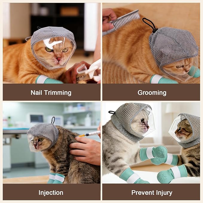 Adjustable Cat Muzzle for Grooming with 4 Paw Cover, Breathable Mesh Cat Head Cover, Anti-Bite Cats Mask, Silicone Paw Protector for Nail Trimming, Bathing (M)