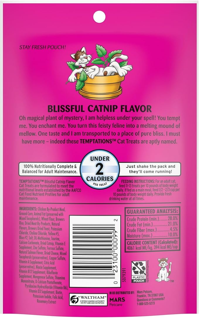 (4 Pack) Classic Blissful Catnip Flavor Crunchy and Soft Treats for Cats, 3 Oz Pouch, Cat Treat is 100% Nutritionally Complete and Balanced for Adult Cat Maintenance