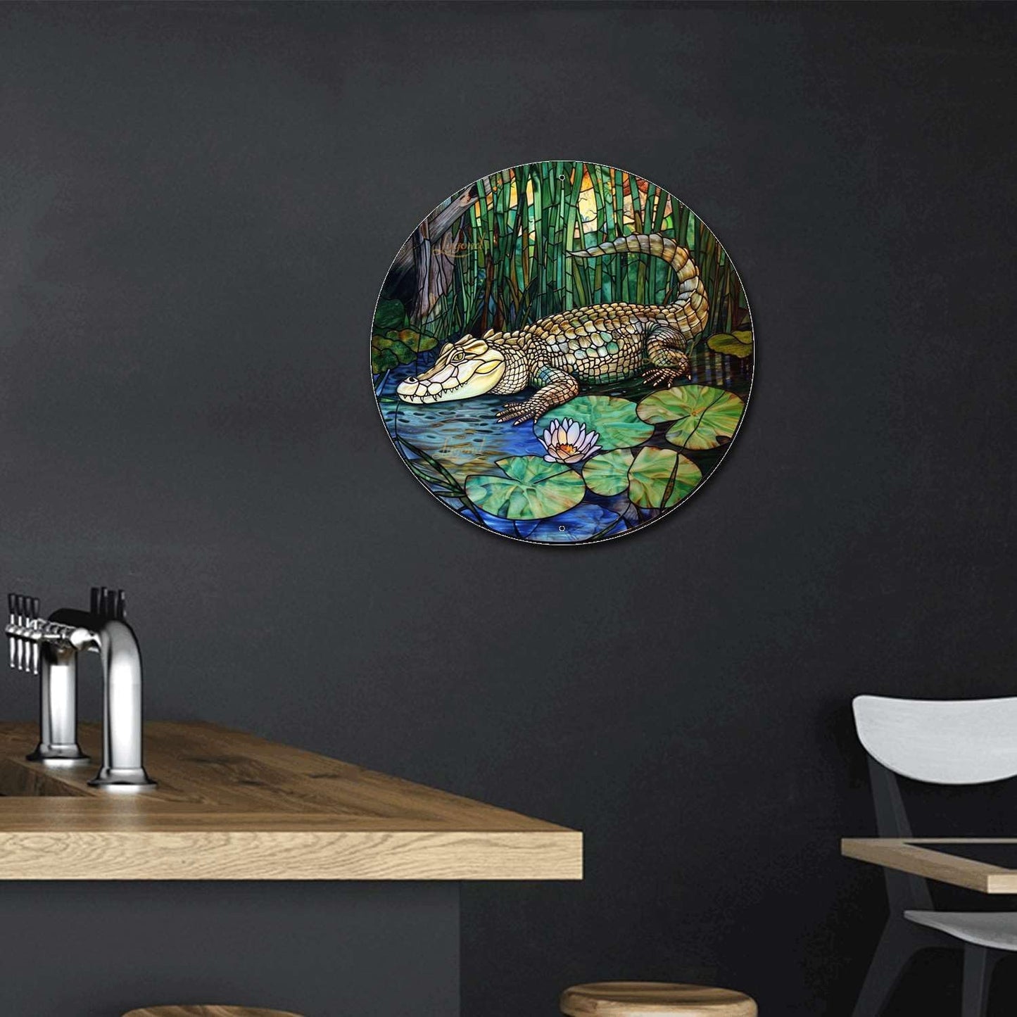 Lygond Metal Sign Tin Sign Circular Stained Glass Crocodile Tin Sign Gift for Garden 8×8 Inches