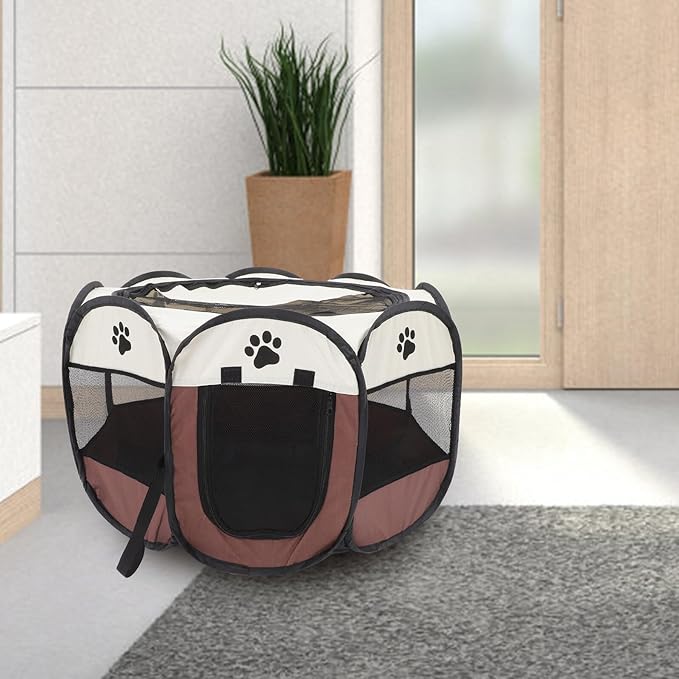 TOYANDONA Portable Pet Playpen Octagonal Dog Kennel with Oxford Fabric, Large Foldable Indoor Outdoor Exercise Tent for Small Dogs and Cats, Coffee Tone Small Size