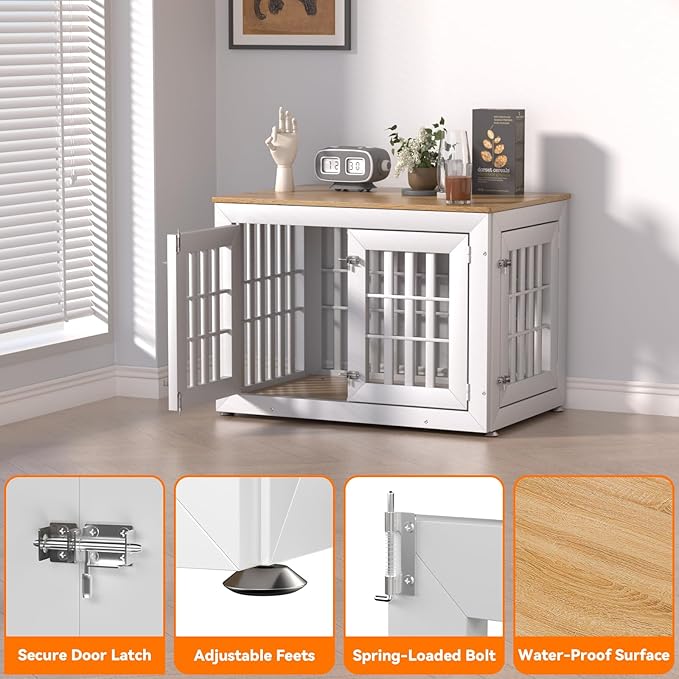 Snuowu 38" Heavy-Duty Dog Crate Furniture for Large/Medium Dogs, Rustic Wooden Dog Cage Kennel Indoor Furniture, Decorative Pet House End Table, White & Wood