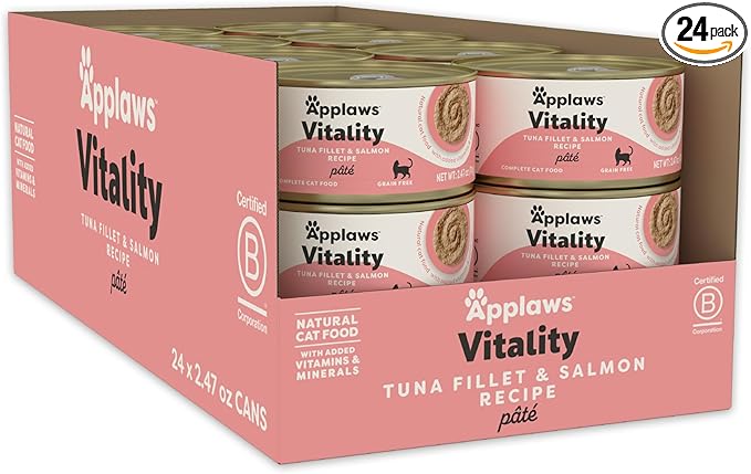 Applaws Vitality Wet Cat Food Paté, Natural Cat Food with Added Vitamins & Minerals, Grain-Free, Carrageenan Free, Tuna Fillet and Salmon Recipe (24 Count, 2.47 oz Cans)