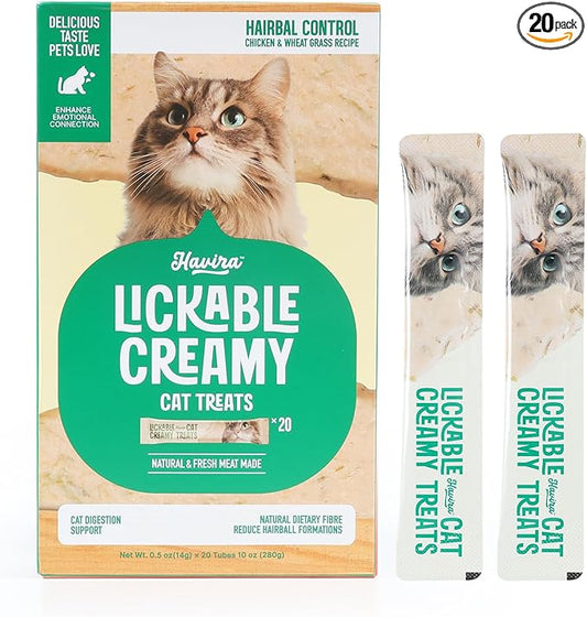 Havira Healthy Lickable Creamy Cat Treats Hairball Control – Chicken & Cat Grass Flavor Squeeze Treats with Psyllium Husk, Functional Snacks to Help Reduce Hairball Buildup, Grain Free