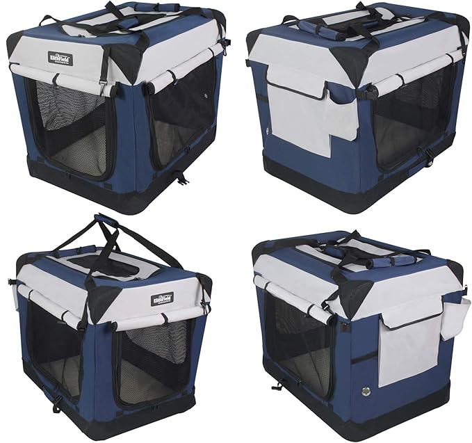EliteField 4-Door Folding Soft Dog Crate with Curtains, Carrying Bag and Fleece Bed (2 Year Warranty), Indoor & Outdoor Pet Home (20" L x 14" W x 14" H, Navy Blue+Gray)