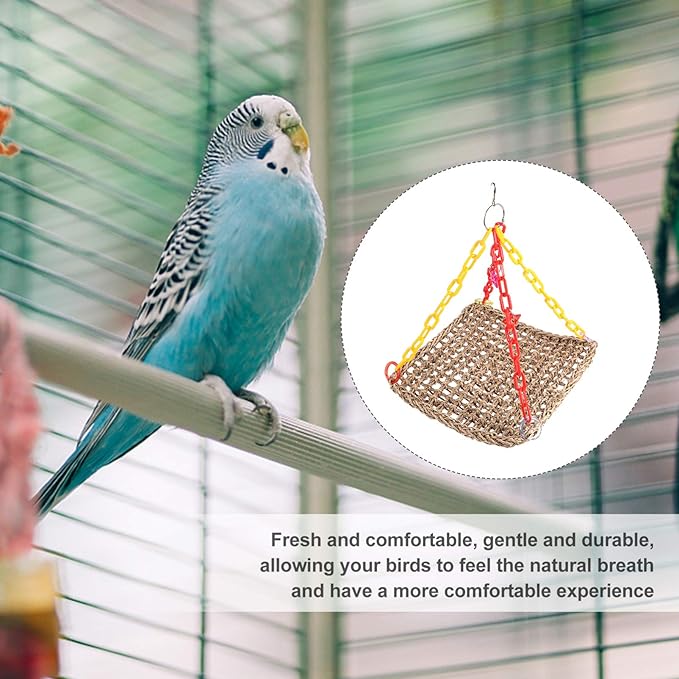 Mikikit Parrot Chewing Toy Swing Hammock for Birds Natural Straw Rope Bird Cage Accessory Climbing Play Bed for Parakeets Lovebirds and Cockatiels Space-Saving Design