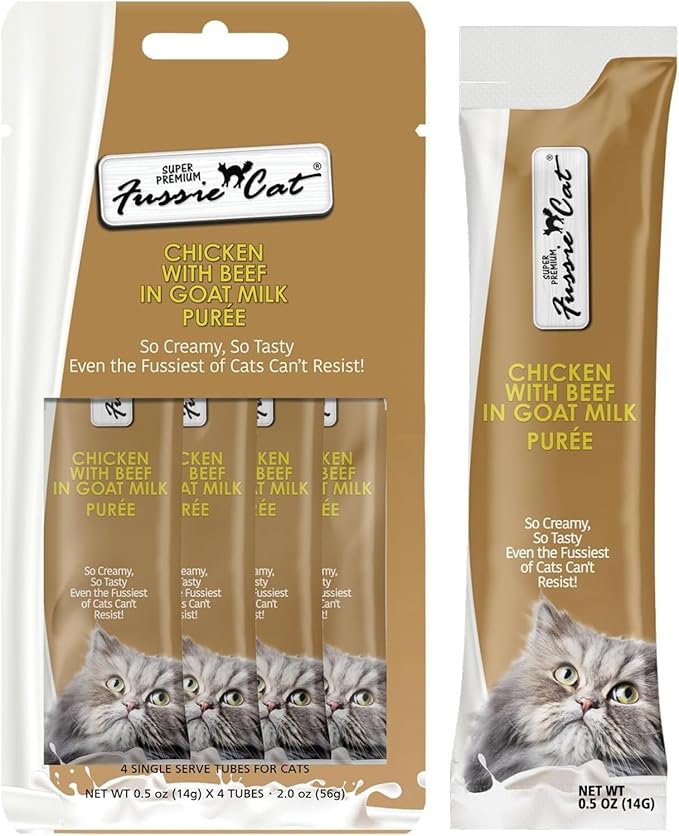 Fussie Cat Premium Puree Lickable Cat Treats in Goat Milk, Chicken Variety Pack, 3 Packs of 4-0.5oz Tubes (12 Total Tubes) + Lid