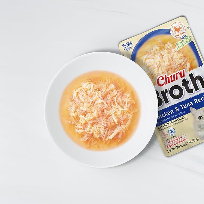 INABA Churu Broth for Cats, Side Dish Pouch, 1.4 Ounces per Pouch, 24 Pouches, Chicken Variety