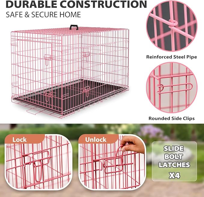 Large Dog Crate, Portable Travel Dog Crate with Double-Door, Removable Tray - Extra Large Dog Cage for Medium Sized Dogs, Ideal for Indoor and Outdoor (Pink, 30")