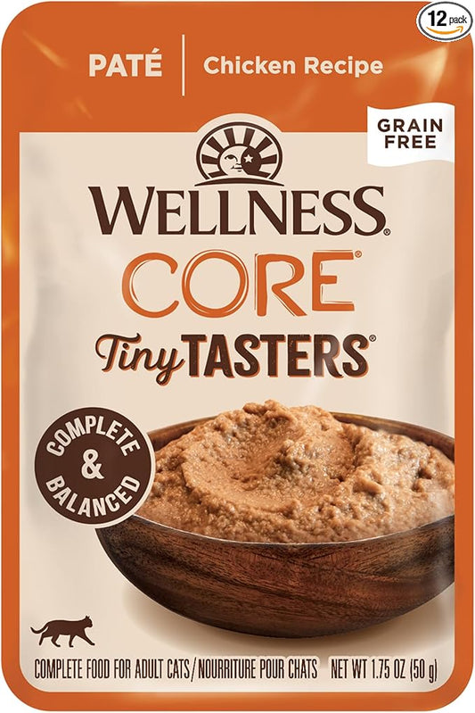 Wellness CORE Tiny Tasters Pate Adult Wet Cat Food, Natural, Protein Rich, Grain Free, Chicken Recipe, 1.75 oz, Pack of 12 Pouches