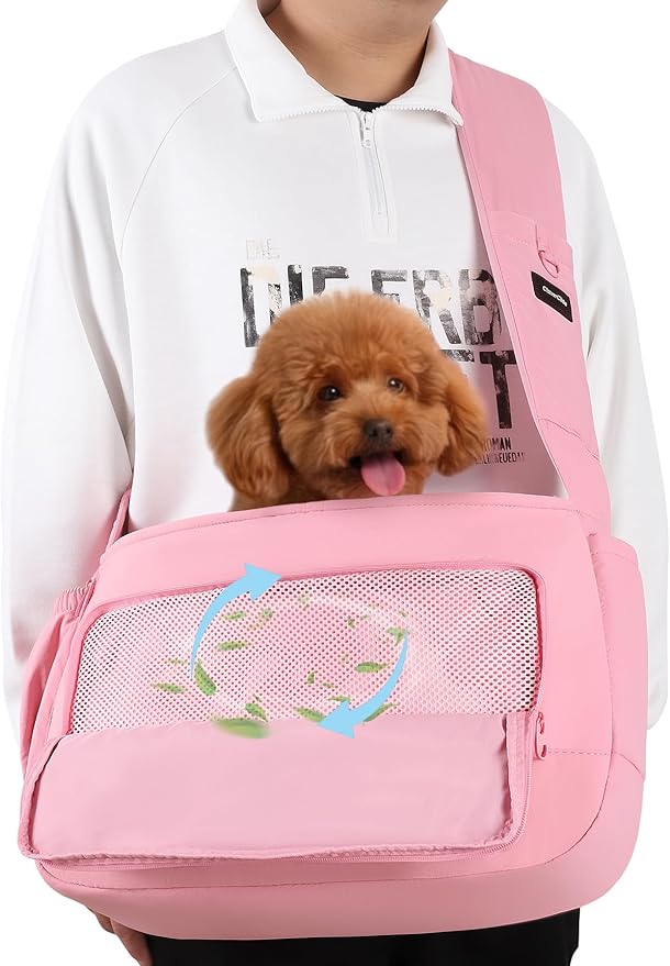 Dog Sling Carrier for Small Medium Dogs & Cats, Fits 7–18lbs, Soft Puffy Lightweight Pet Sling Carrier with Adjustable Padded Strap and Storage Pocket, Hands-Free for Travel, Hiking & Outdoor Pink