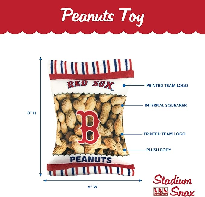MLB Boston Red Sox Plush Peanuts Snack Toy for Dogs & Cats with Embroidered Team Name & Logo with Inner Squeaker