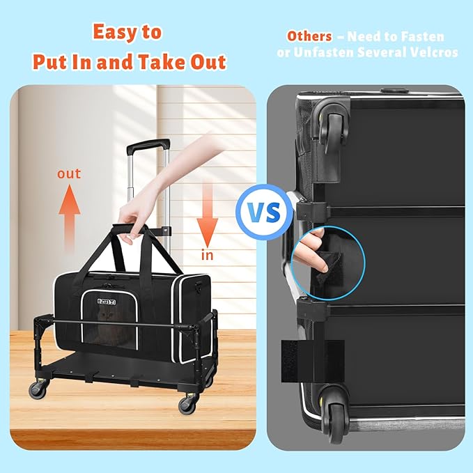 Petskd Small Pet Carrier with Wheels(18" L x 11" W x 11" H), Delta/American/United Airlines Approved, Rolling Pet Carrier for Small Dogs & Cats (Black)