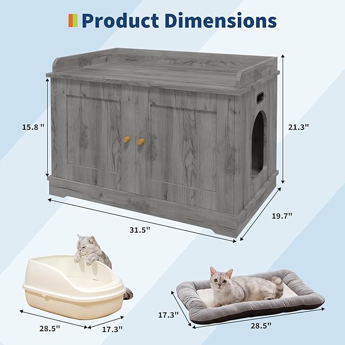 Cat Litter Box Enclosure Furniture with Barn Door & Display Shelf, Wooden Hidden Litter Box Cover, Dog-Proof Design for Multiple Cats, Modern Cat House Furniture to Fit Most Litter Boxes - Grey