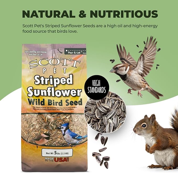 Scott Pet Wild Bird Seed, Striped Sunflower Seeds, 5 lbs Bag, Feed, Great Source of Energy, Food for Outside Wild Birds