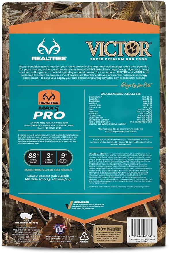 VICTOR Super Premium Dog Food – Realtree MAX-5 PRO High Protein Dry Kibble – Promotes Joint Health with Glucosamine – 30% Protein, Gluten Free for Active & Sporting Adult Dogs, 5lb
