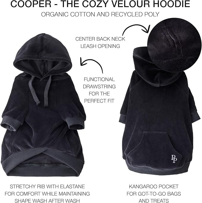 Pet Passion Cooper II Organic Cotton Velour Dog Hoodie Pet Coat for Small, Medium and Large Dogs, Black, XXX-Small (up to 5lbs)