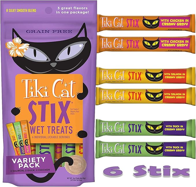 Tiki Cat Stix Wet Treats, Grain Free Lickable Silky Smooth Blend in Creamy Gravy - Chicken, Salmon and Duck with 10ct Pet Wipes