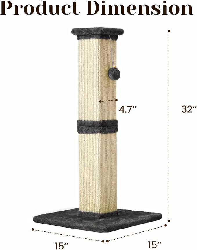 Fansafurn Tall Cat Scratching Post, 32'' Heavy Duty and Thick Scratching Post, Scratching Post for Adult Cats, Thick Sisal Rope with Hanging Ball, Grey