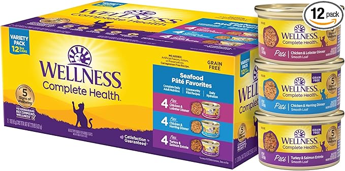 Wellness Complete Health Pate Variety Pack Adult Canned Wet Cat Food, Natural, Protein Rich, Grain Free, Seafood Favorites, 3 oz, Pack of 12 Cans