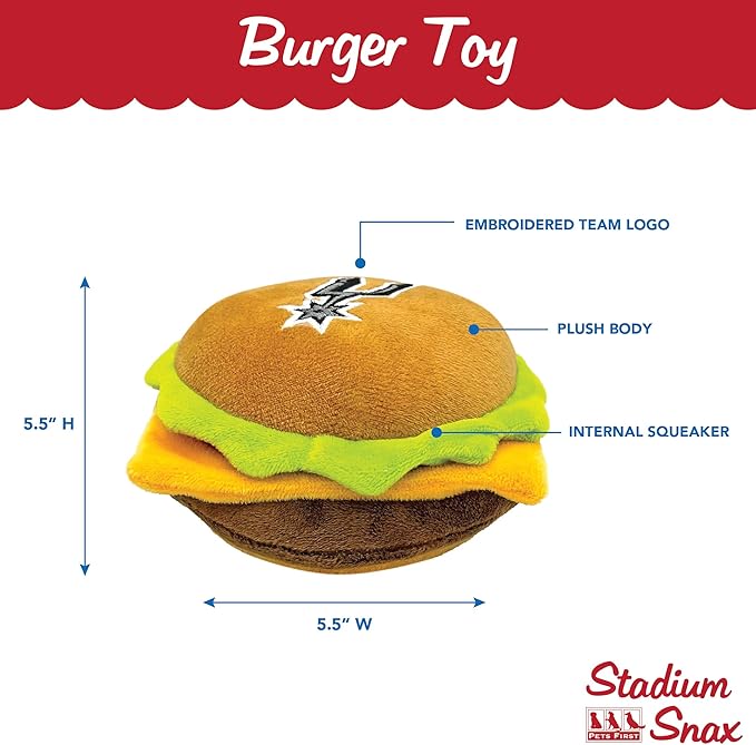 Pets First NBA San Antonio Spurs Cheese Burger Plush Dog & CAT Squeak Toy - Cutest Stadium HAMBERGER Snack Plush Toy for Dogs & Cats with Inner Squeaker & Beautiful Basketball Team Name/Logo