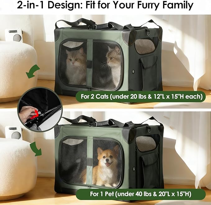 Extra Large Cat Carrier for 2 Cats, XL with Removable Divider, Foldable Soft-Sided Pet Carrier with Storage Tote, Portable Travel Crate for Large Cats, for Car & Home Use, 24" x 17" x 17"