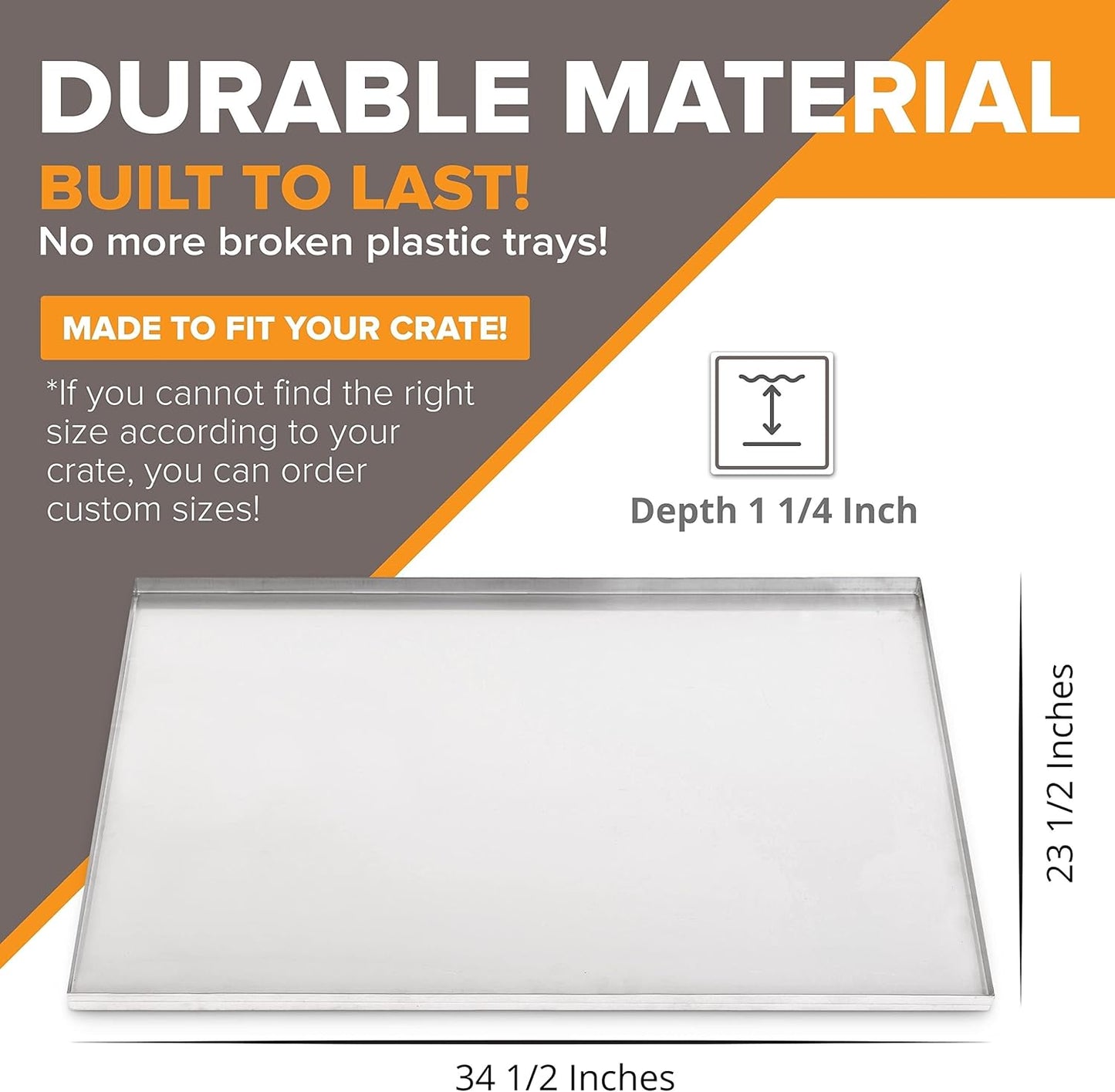 34.5" x 23.5" Metal Replacement Dog Crate Pan Chew Proof Crack Proof Pet Kennel Tray Central Dog Training Crate Pan Pet Supplies, Stainless Steel, 1" H