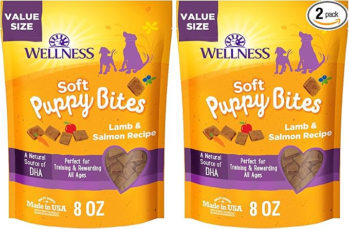 Wellness Soft Puppy Bites Healthy Grain-Free Treats for Training, Dog Treats with Real Meat and DHA, No Artificial Flavors (Lamb & Salmon, 8-Ounce Bag) (Pack of 2)