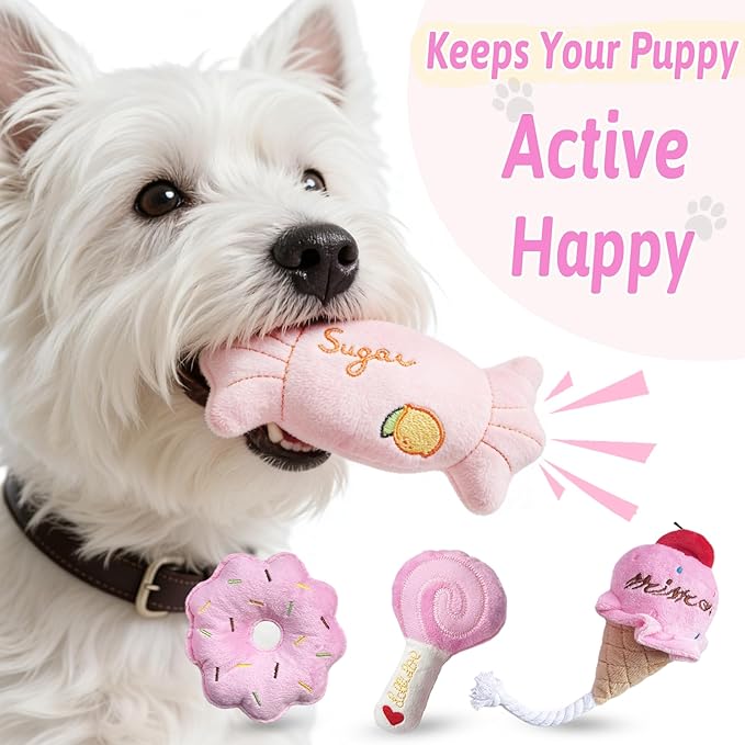 Small Dog Toys, Cute Pink Plush Dog Toy Set, Dog Squeaky Toys, Durable Dog Stuffed Toys & Dog Chew Toys for Puppies and Small Dogs