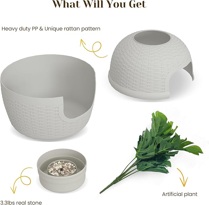 FansaFurn Hidden Litter Box with Faux Plant, Large Cat Litter Box with Rattan Pattern, Heavy Duty PP Material Litter Box Enclosure Furniture for Home Decor, Light Grey