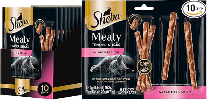 Sheba Meaty Tender Sticks Chicken Cat Treats, Salmon Flavor, Cat Snacks, 0.14 oz., 5 Count, Pack of 10 (50 Sticks Total)