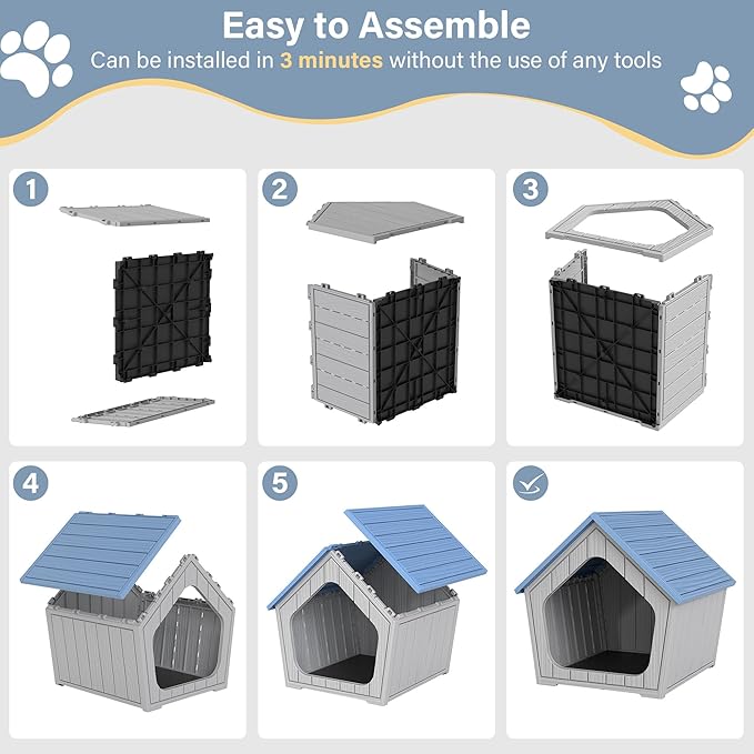 Bifanuo Dog House Outdoor Indoor for Small Dogs - Plastic Pet Shelter, Easy-Assemble & Weather-Resistant for Living Room, Balcony (Blue, 18" L x 22.4" W x 22.2" H)