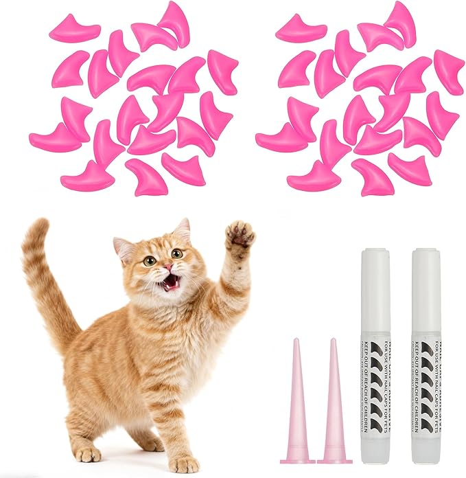 Cat Nail Caps, Cat Claw Covers with Adhesive Glue and Applicators, Kitten Claw Caps Soft Paws, (40 Pcs, M, Rose Red), Intended for Pet Tips/Nail Covers/Control Paws