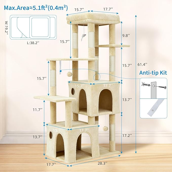 GarveeLife 61" Multi-Level Cat Tree for Indoor Cats, Heavy-Duty Tower for Large Adult & Maine Coon Cats with Oversized Perch, Dual Condos, Natural Sisal Scratching Posts & Play Toys – Beige