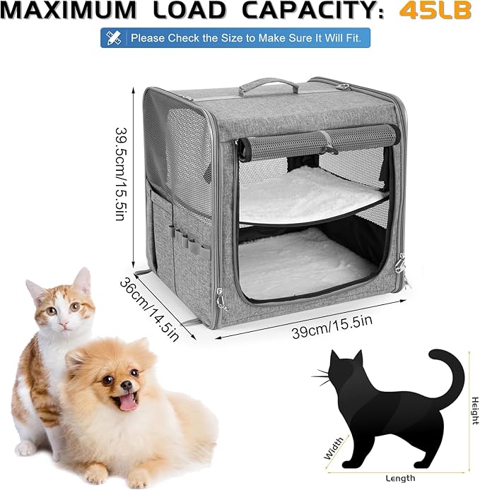 Cat Carrier for 2 Cats, Pet Travel Carrier for Cats and Small Dogs Up to 45 Lbs, Bowls, and Locking Zippers