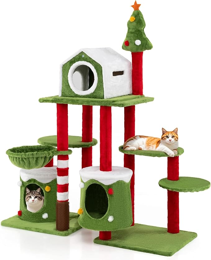 PETSITE 58 Inch Cat Christmas Tree, Multi-Level Cat Tower with 3 Cat Condos, Cat Self Groomer, Side Basket, Faux Christmas Tree, and Anti-Tipping Kit, Christmas-Themed Cat Tree for Indoor Cats