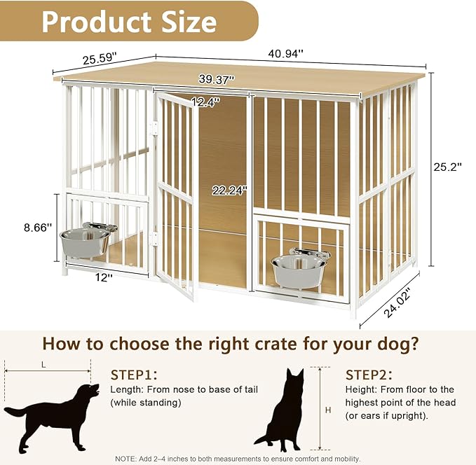 Hadulcet Foldable Dog Crate Furniture, 41'' No Assembly Indoor Dog Kennel with Storage Top, Wooden Dog Crate Table for Small to Medium Dogs, Furniture Style Dog Cage with 2 Bowls Oak