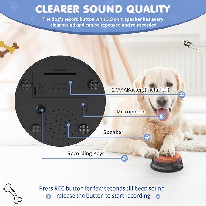 Dog Buttons for Communication, 6 PCS Dog Talking Button Set,30 Seconds Recordable Pet Training Buzzer，with Training Manual Book+12 AAA Batteries+24 Scene Modes + 1 Dog Button Mat