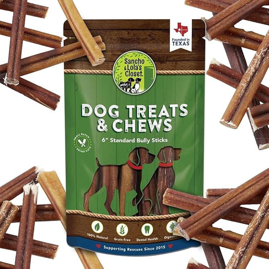 Supreme 6-inch Standard Bully Sticks by Sancho and Lola’s (25 Pack) All-Natural, Long-Lasting Dog Chew Treats - Free-Range, Grass-Fed Beef - Low Odor